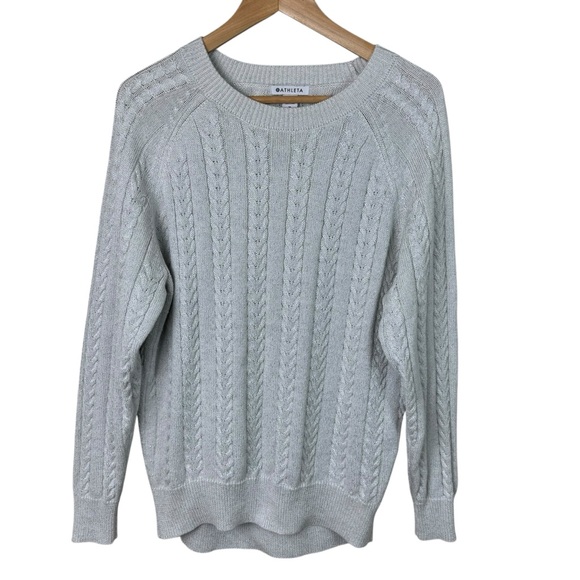 Athleta Sweater Womens Size Medium Crossroads Gray Metallic Crew Wool Cable Knit - Picture 1 of 9